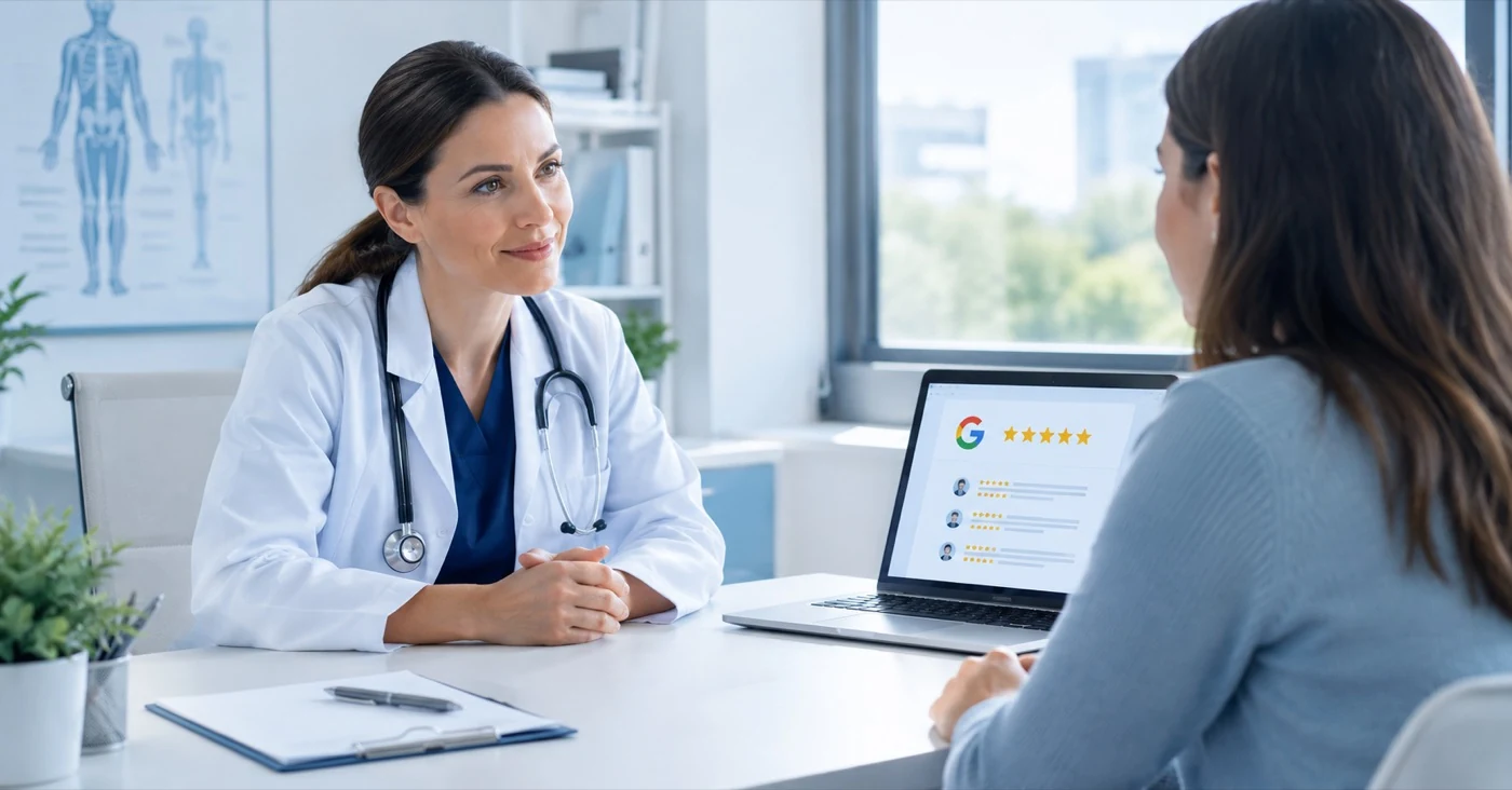 Doctor and patient talking at a desk, with online reviews open on a laptop