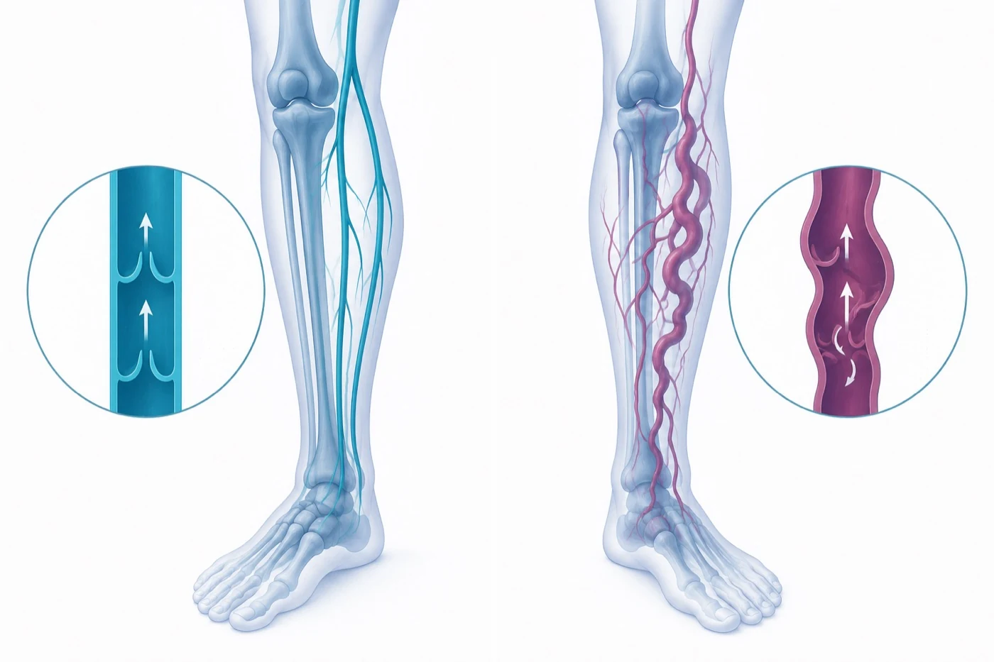Illustration of a healthy leg vein with working valves next to a varicose vein with failed valves