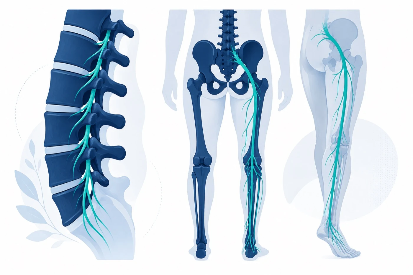 Illustration of the sciatic nerve running from the lower spine down the back of the leg